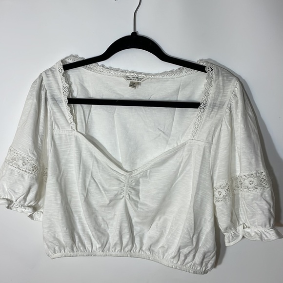 Asos White top 12 Miss Selfridge Ruched front crochet trim - Picture 4 of 6